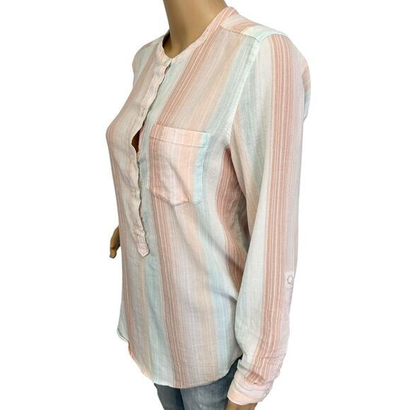 2/$15 Lucky Brand Striped Half Button Shirt Roll Tab Long Sleeve Pocket Size S - Picture 4 of 11